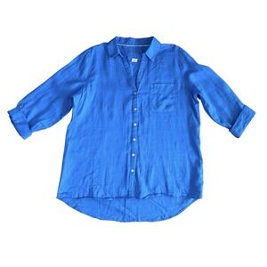 Sigrid Olsen Blue 100% Linen Lagenlook Button Up Roll Tab Sleeve Tunic Size XL‎